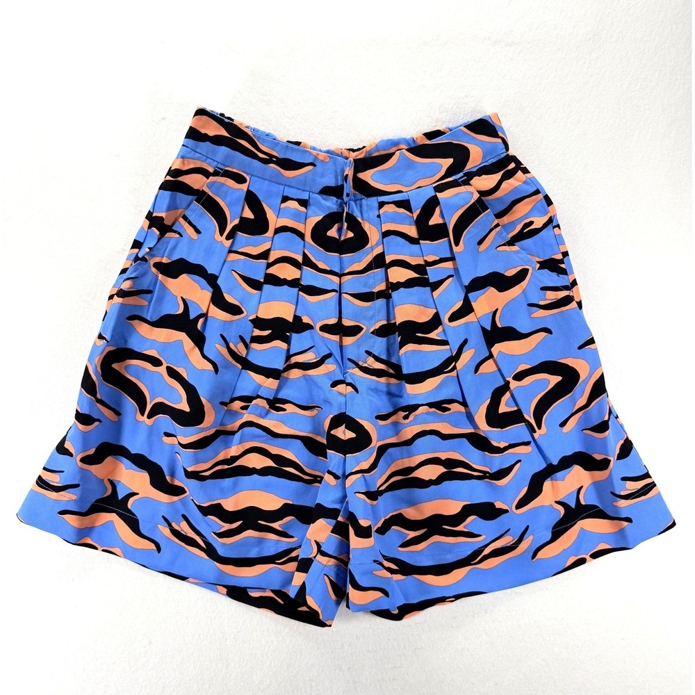 NEW TEREA Blue Abstract Print Lyocell Pleated Shorts Women's M